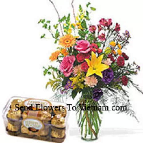 أزهار متنوعة في وعاء مع 16 قطعة فيريرو روشيه